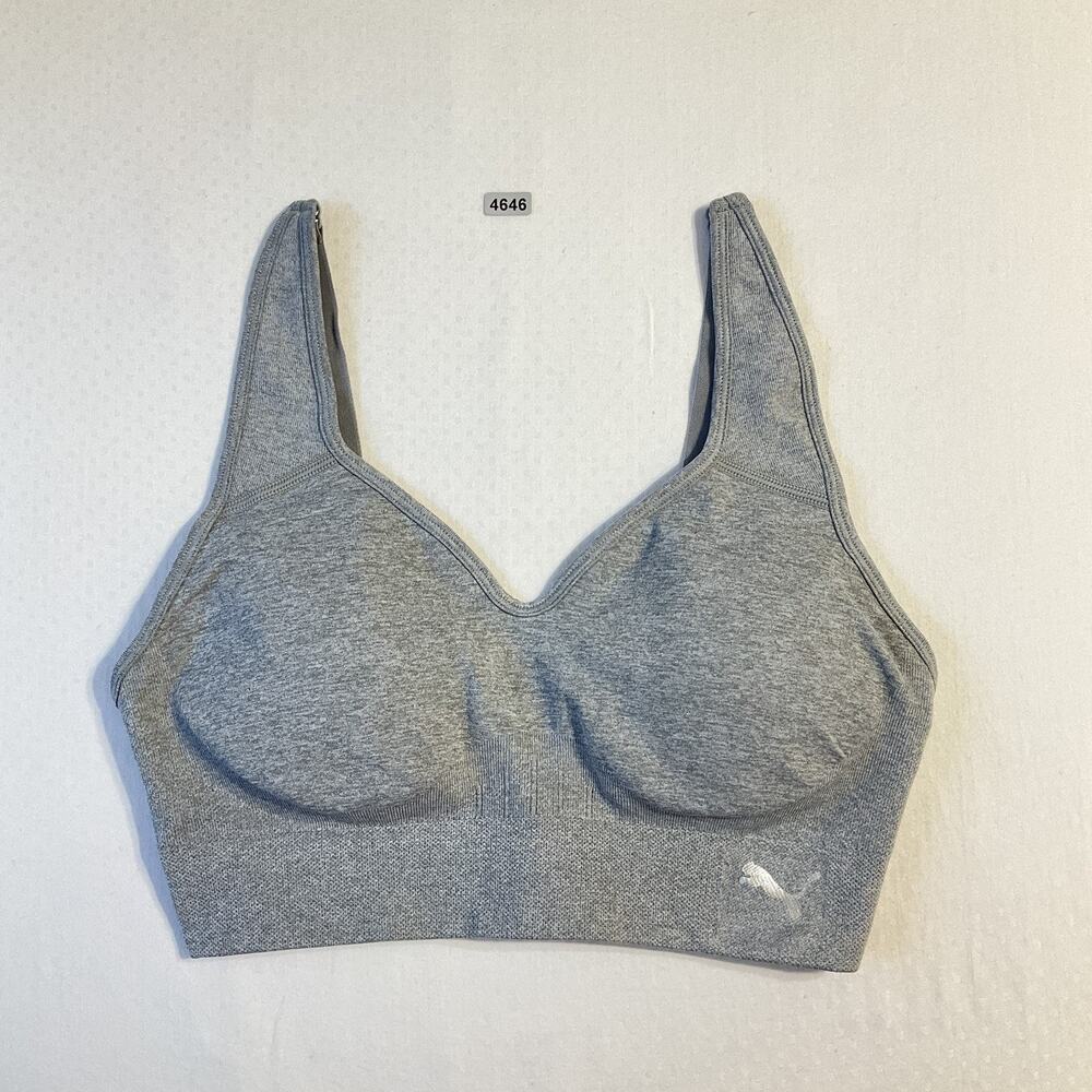 Puma Women Sports Bra Size S Gray Activewear Logo Padded Stretch V-neckPullover